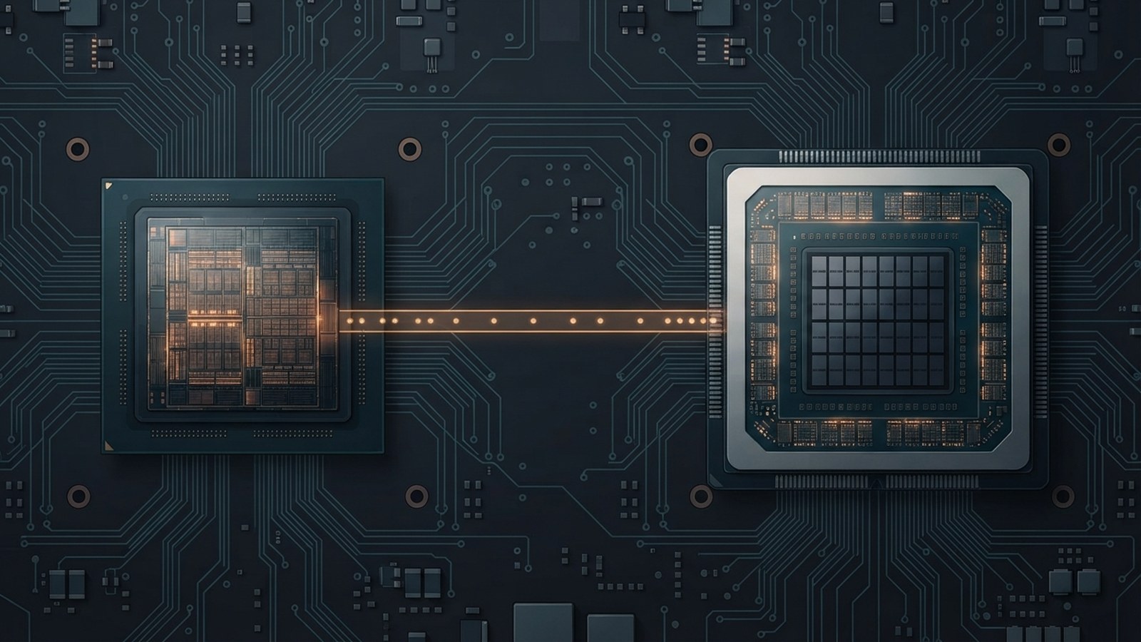 An Arm server die and a GPU die on one circuit board, joined by a glowing amber path carrying tokens; the GPU's tensor-core grid is dark.