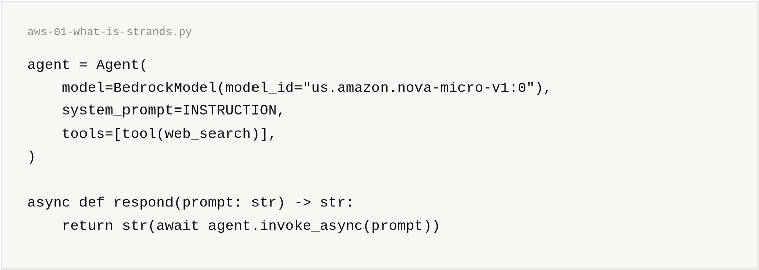 aws-01-what-is-strands.py, 8 lines. agent = Agent( / model=BedrockModel(model_id="us.amazon.nova-micro-v1:0"), / system_prompt=INSTRUCTION, / tools=[tool(web_search)], / ) / async def respond(prompt: str) -> str: / return str(await agent.invoke_async(prompt))