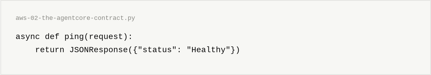 aws-02-the-agentcore-contract.py, 2 lines. async def ping(request): / return JSONResponse({"status": "Healthy"})