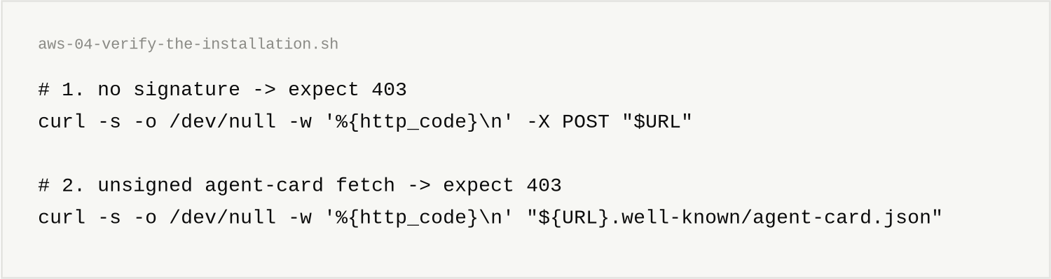 aws-04-verify-the-installation.sh, 5 lines. # 1. no signature -> expect 403 / curl -s -o /dev/null -w '%{http_code}\n' -X POST "$URL" / # 2. unsigned agent-card fetch -> expect 403 / curl -s -o /dev/null -w '%{http_code}\n' "${URL}.well-known/agent-card.json"